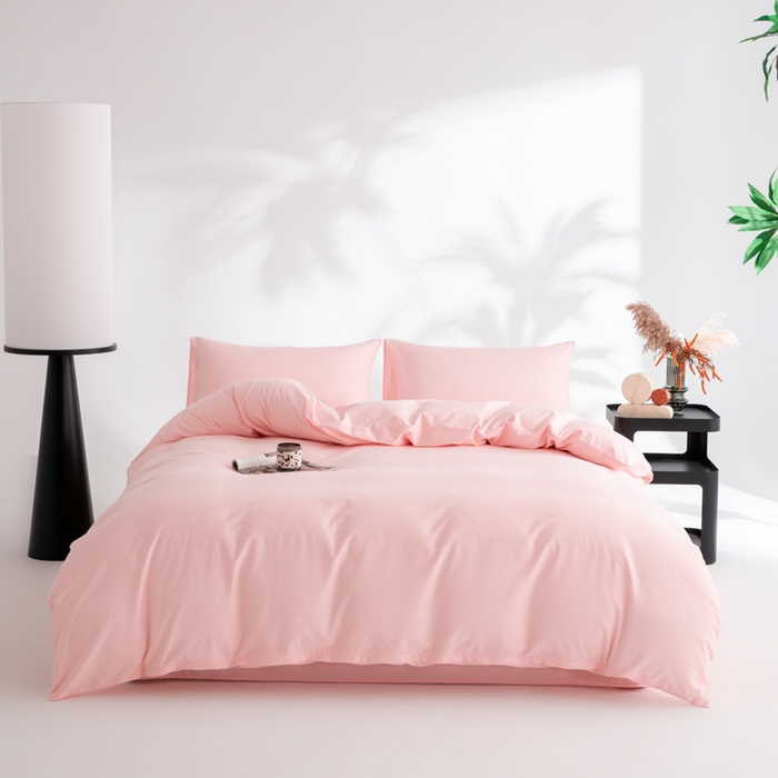 寝柔家纺 2025新款60S纯色长绒棉磨毛素色四件套床单床笠款 少女粉