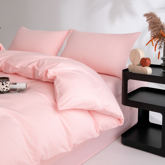 91家纺网 家纺一手货源 找家纺 寝柔家纺 2025新款60S纯色长绒棉磨毛素色四件套床单床笠款 少女粉