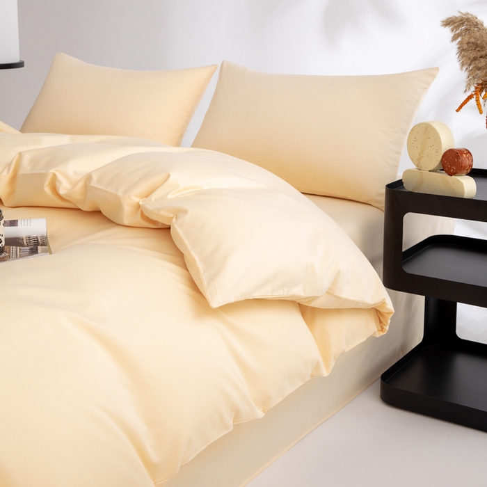 91家纺网 家纺一手货源 找家纺 寝柔家纺 2025新款60S纯色长绒棉磨毛素色四件套床单床笠款 奶霜黄