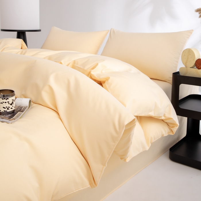 91家纺网 家纺一手货源 找家纺 寝柔家纺 2025新款60S纯色长绒棉磨毛素色四件套床单床笠款 奶霜黄