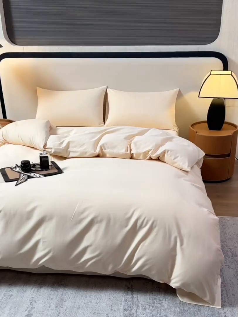 91家纺网 家纺一手货源 找家纺 寝柔家纺 2025新款60S纯色长绒棉磨毛素色四件套床单床笠款 奶霜黄