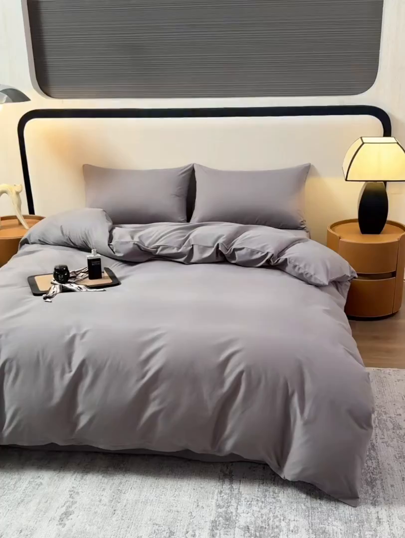 91家纺网 家纺一手货源 找家纺 寝柔家纺 2025新款60S纯色长绒棉磨毛素色四件套床单床笠款 碳木灰