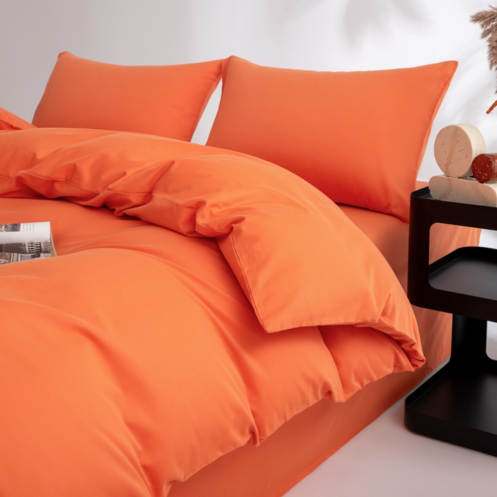 91家纺网 家纺一手货源 找家纺 寝柔家纺 2025新款60S纯色长绒棉磨毛素色四件套床单床笠款 暖橙
