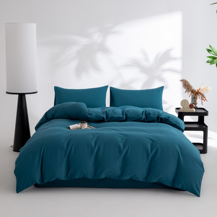 寝柔家纺 2025新款60S纯色长绒棉磨毛素色四件套床单床笠款 午夜蓝
