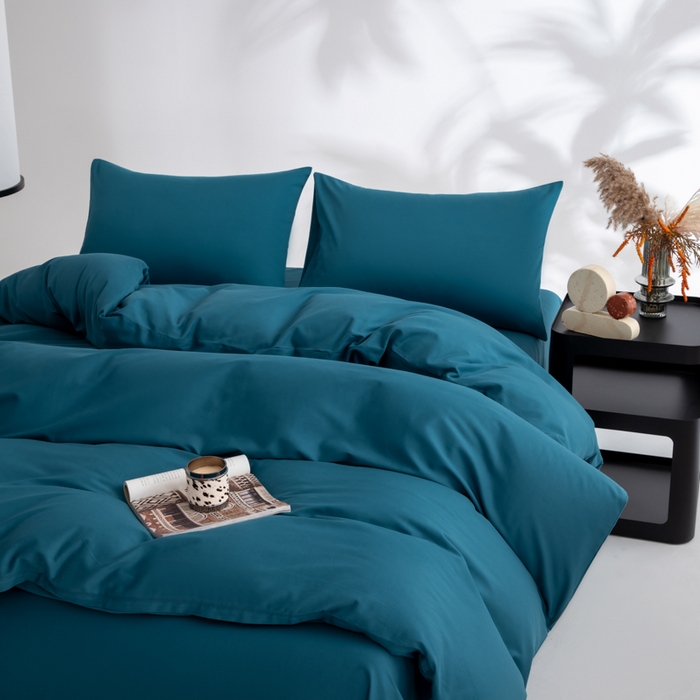 91家纺网 家纺一手货源 找家纺 寝柔家纺 2025新款60S纯色长绒棉磨毛素色四件套床单床笠款 午夜蓝