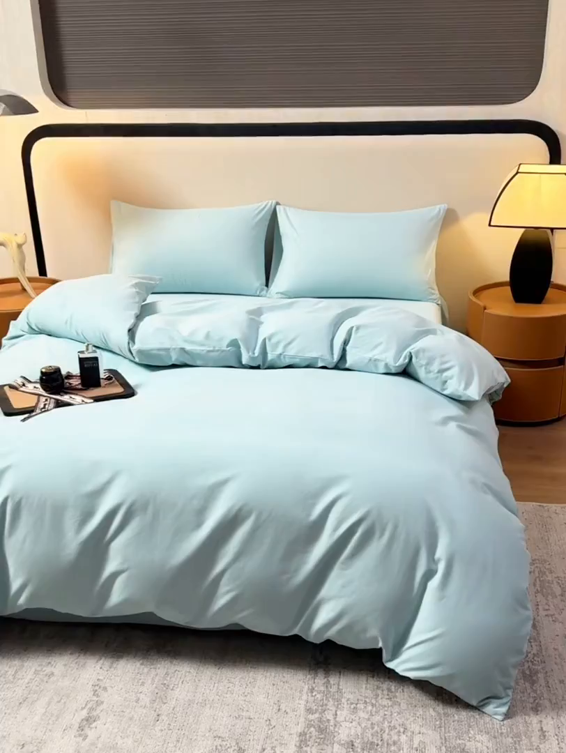 91家纺网 家纺一手货源 找家纺 寝柔家纺 2025新款60S纯色长绒棉磨毛素色四件套床单床笠款 水波兰