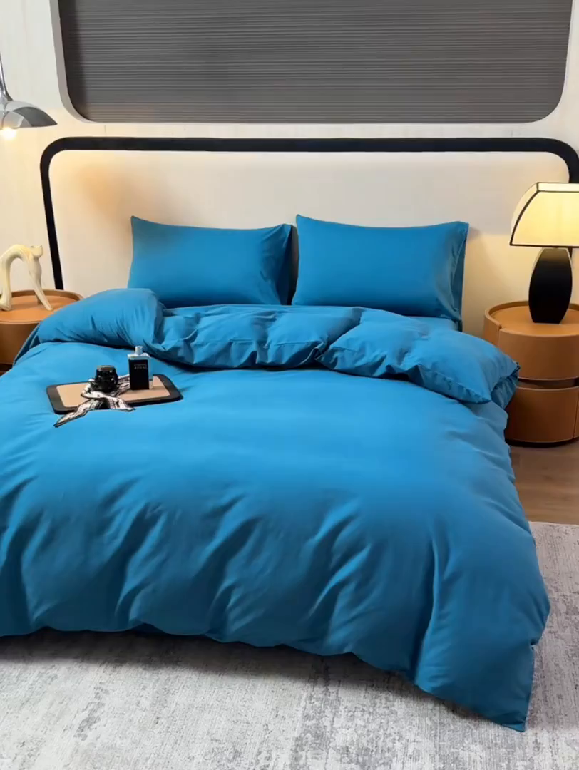 91家纺网 家纺一手货源 找家纺 寝柔家纺 2025新款60S纯色长绒棉磨毛素色四件套床单床笠款 午夜蓝