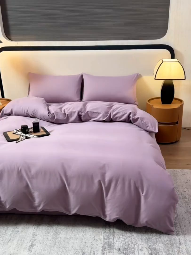 91家纺网 家纺一手货源 找家纺 寝柔家纺 2025新款60S纯色长绒棉磨毛素色四件套床单床笠款 魅力紫