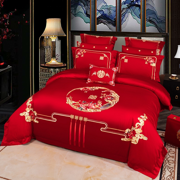 91家纺网 家纺一手货源 找家纺 蒂爵 全棉纯棉长绒棉大绣花婚庆四件套 百花贺喜