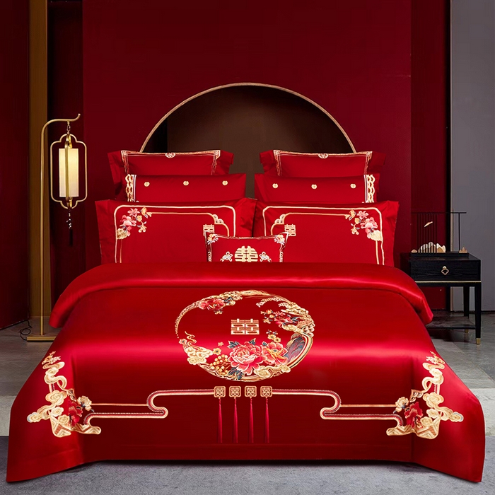  蒂爵 全棉纯棉长绒棉大绣花婚庆四件套 百花贺喜