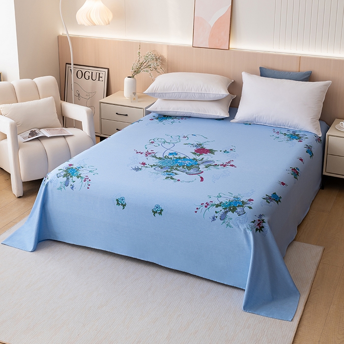 91家纺网 家纺一手货源 找家纺 居美良品 2025新款老上海国民人字纹凤穿牡丹床单 花篮牡丹-蓝色