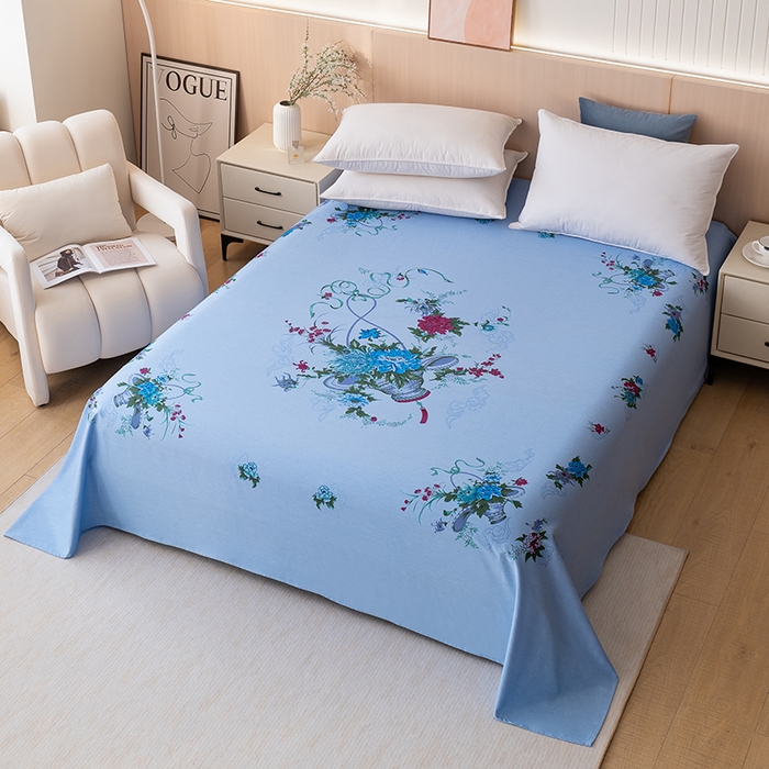 91家纺网 家纺一手货源 找家纺 居美良品 2025新款老上海国民人字纹凤穿牡丹床单 花篮牡丹-蓝色