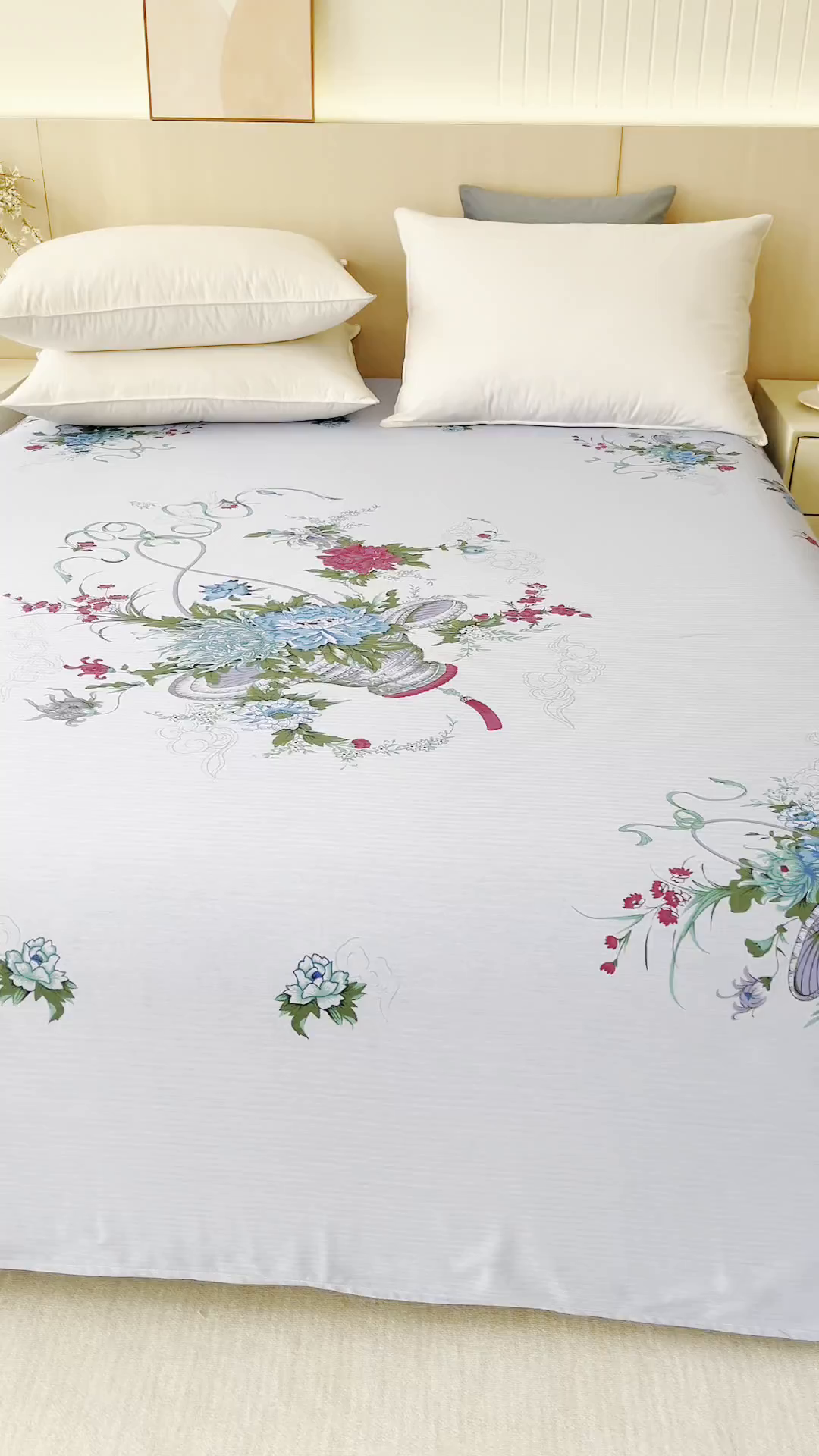 91家纺网 家纺一手货源 找家纺 居美良品 2025新款老上海国民人字纹凤穿牡丹床单 花篮牡丹-蓝色