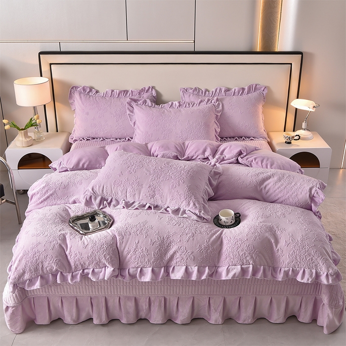赫本家纺  2025新款高克重纯色花边款雕花绒床盖款四件套 如梦-紫