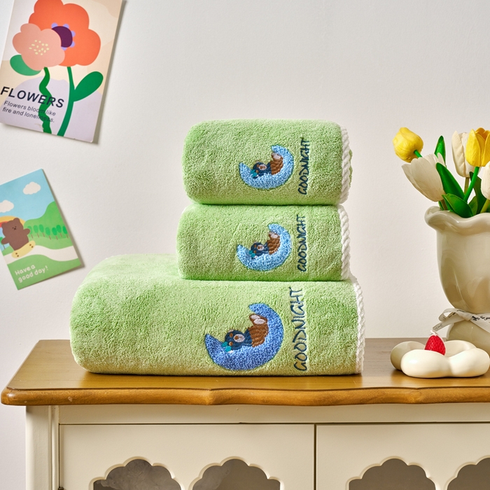 91家纺网 家纺一手货源 找家纺 棠薇家纺 2025新款强吸水浴巾超细纤维速干浴巾加厚浴巾套巾擦身-月亮熊 月亮熊浅绿 毛巾75*35浴巾140*701浴巾+2毛巾