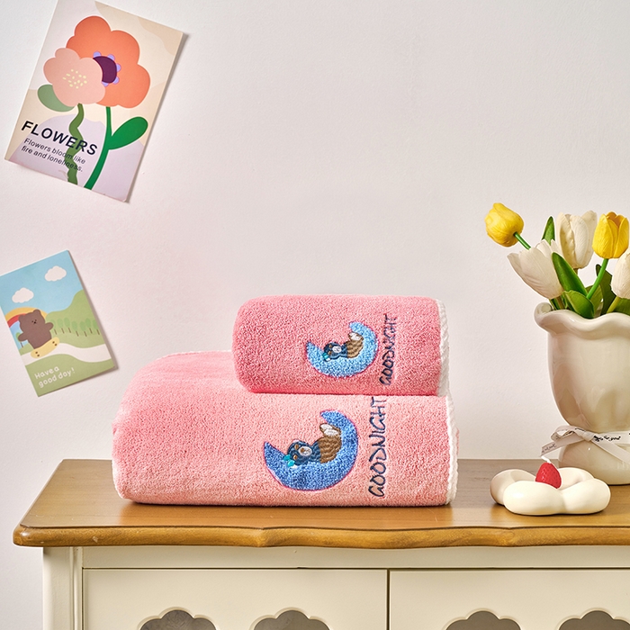 91家纺网 家纺一手货源 找家纺 棠薇家纺 2025新款强吸水浴巾超细纤维速干浴巾加厚浴巾套巾擦身-月亮熊 月亮熊粉 140*70cm浴巾1条