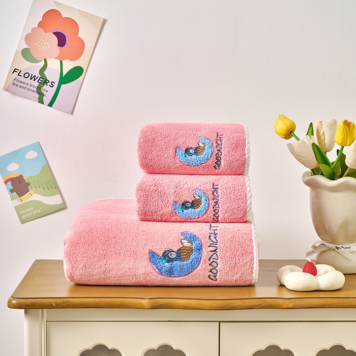 91家纺网 家纺一手货源 找家纺 棠薇家纺 2025新款强吸水浴巾超细纤维速干浴巾加厚浴巾套巾擦身-月亮熊 月亮熊粉 140*70cm浴巾1条