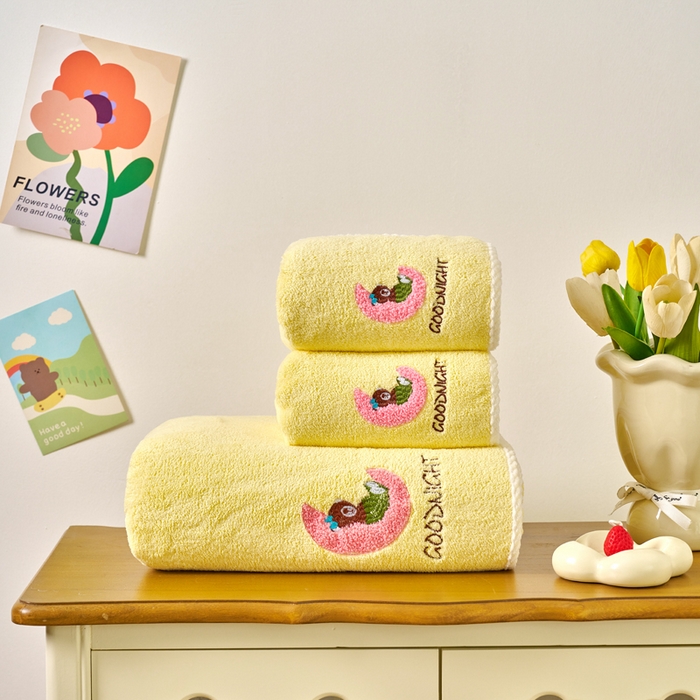 91家纺网 家纺一手货源 找家纺 棠薇家纺 2025新款强吸水浴巾超细纤维速干浴巾加厚浴巾套巾擦身-月亮熊 月亮熊黄 毛巾75*35浴巾140*701浴巾+1毛巾