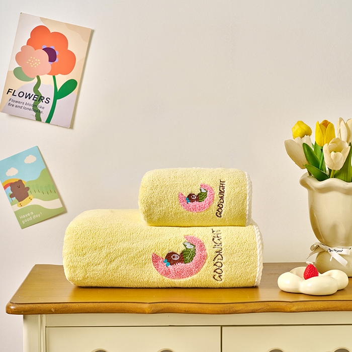 91家纺网 家纺一手货源 找家纺 棠薇家纺 2025新款强吸水浴巾超细纤维速干浴巾加厚浴巾套巾擦身-月亮熊 月亮熊黄 140*70cm浴巾1条