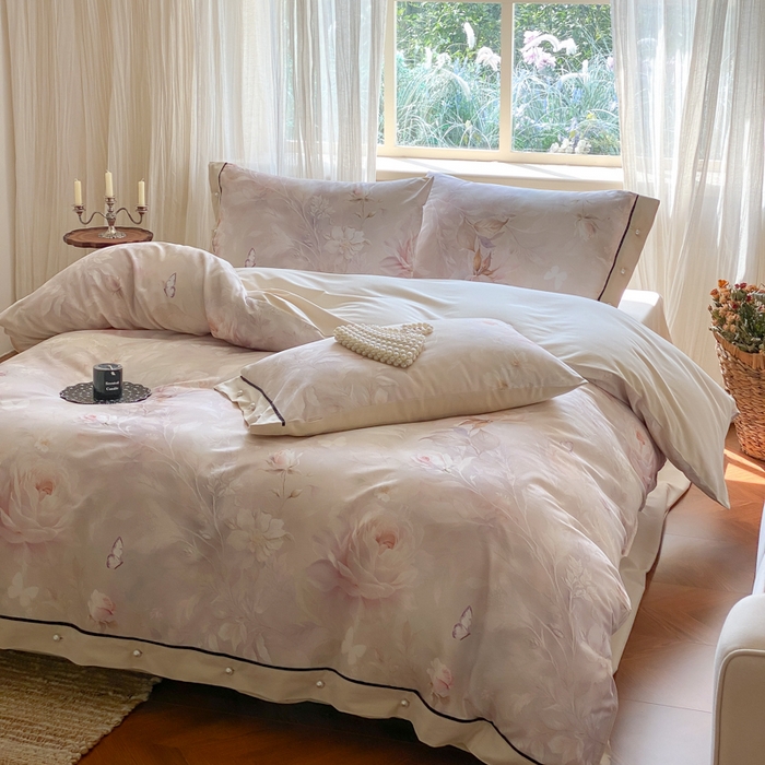 91家纺网 家纺一手货源 找家纺 薏思家纺 2025新款全棉100支数码印花生态磨毛轻奢款四件套-珍珠纽扣系列 花弄影-玉