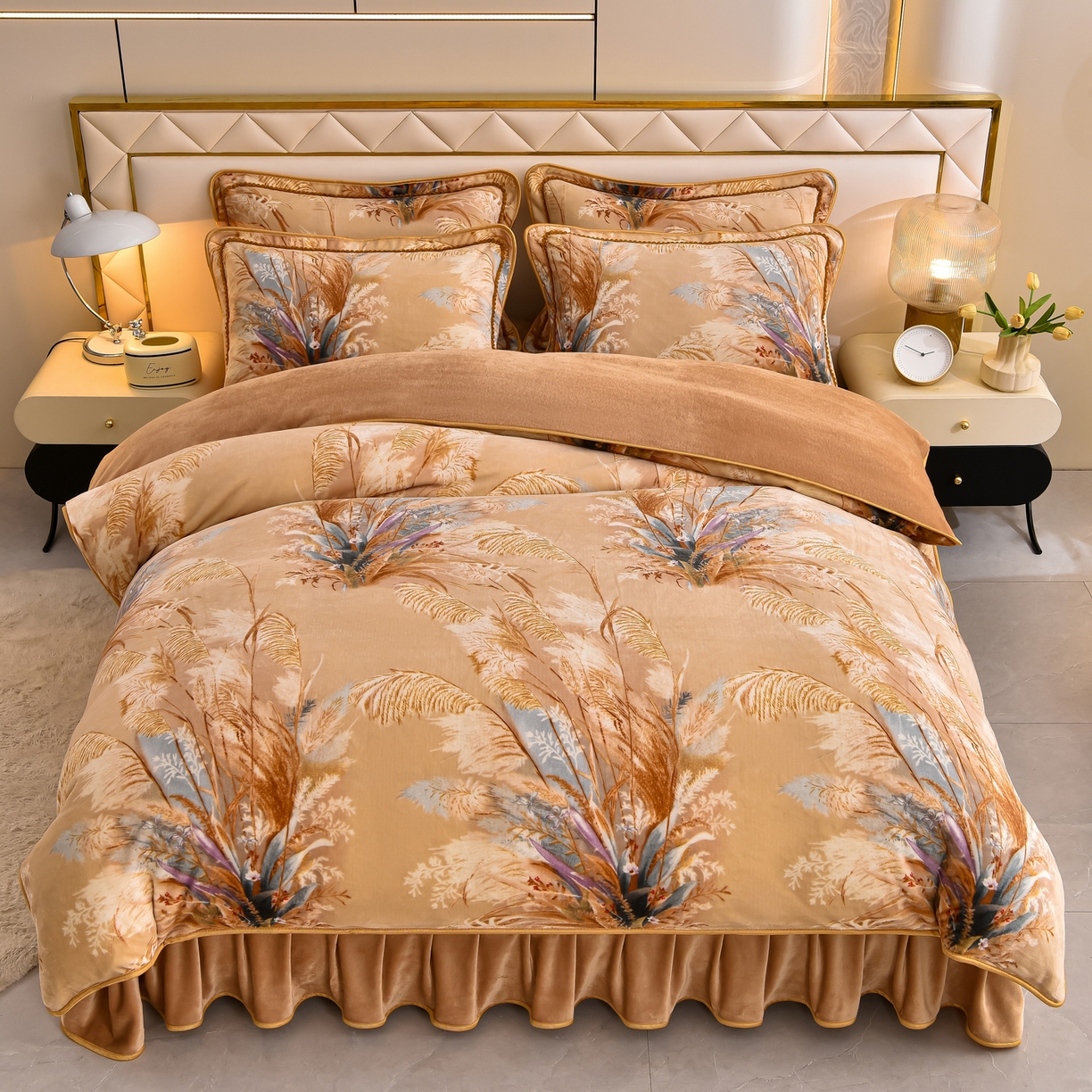 91家纺网 家纺一手货源 找家纺 赫本 2025新品8斤爆品牛奶绒四件套床裙款金雕绒法莱绒四套件 扶摇