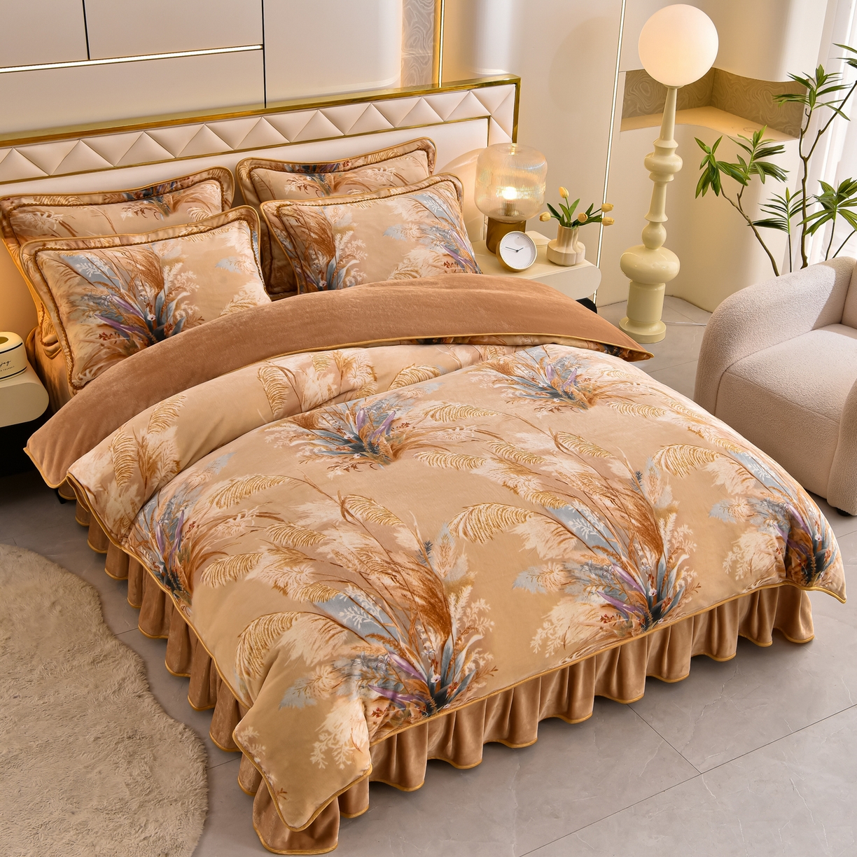 赫本 2025新品8斤爆品牛奶绒四件套床裙款金雕绒法莱绒四套件 扶摇