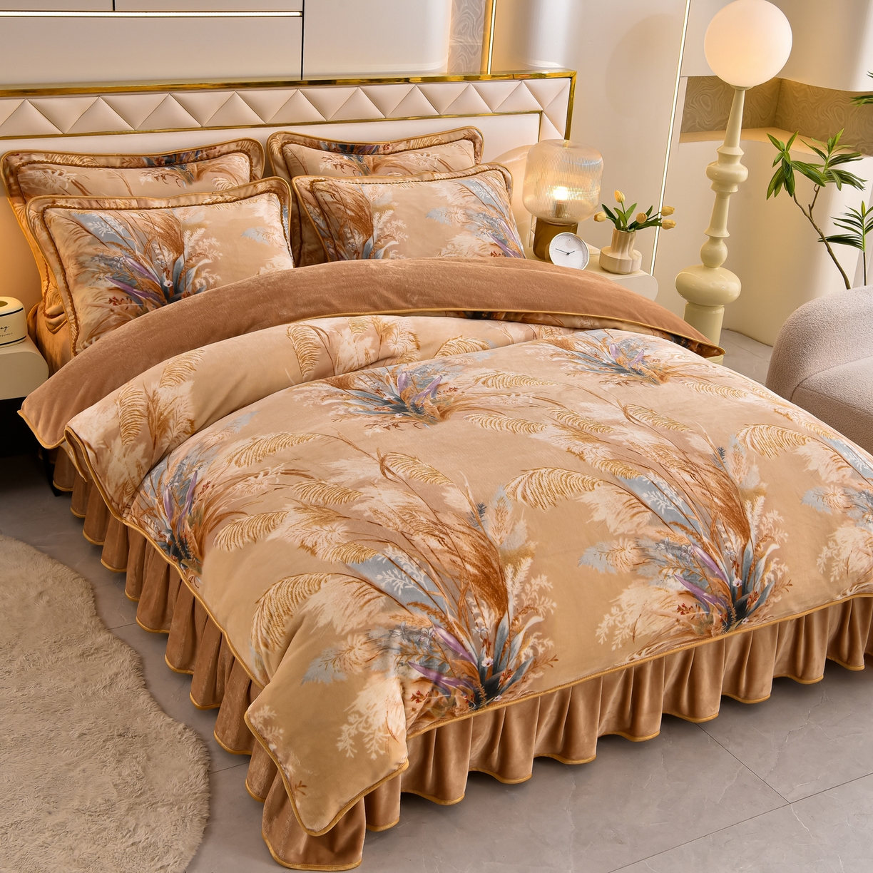 91家纺网 家纺一手货源 找家纺 赫本 2025新品8斤爆品牛奶绒四件套床裙款金雕绒法莱绒四套件 扶摇