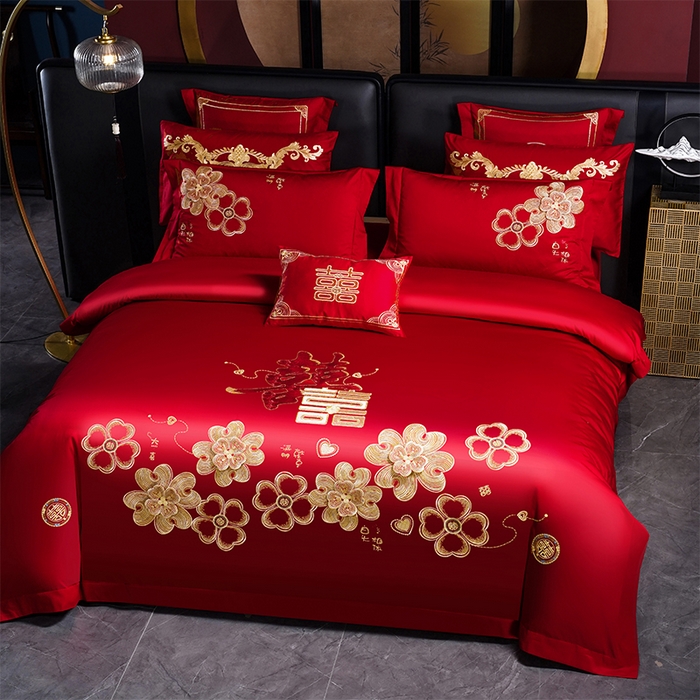 91家纺网 家纺一手货源 找家纺 芊囍纺 2025新款全棉刺绣婚庆四件套花开浪漫金