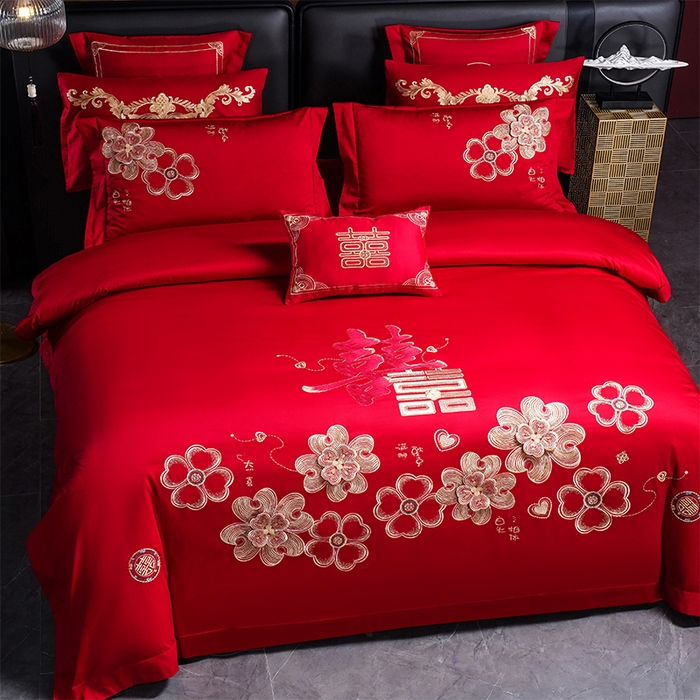 91家纺网 家纺一手货源 找家纺 芊囍纺 2025新款全棉刺绣婚庆四件套花开浪漫金