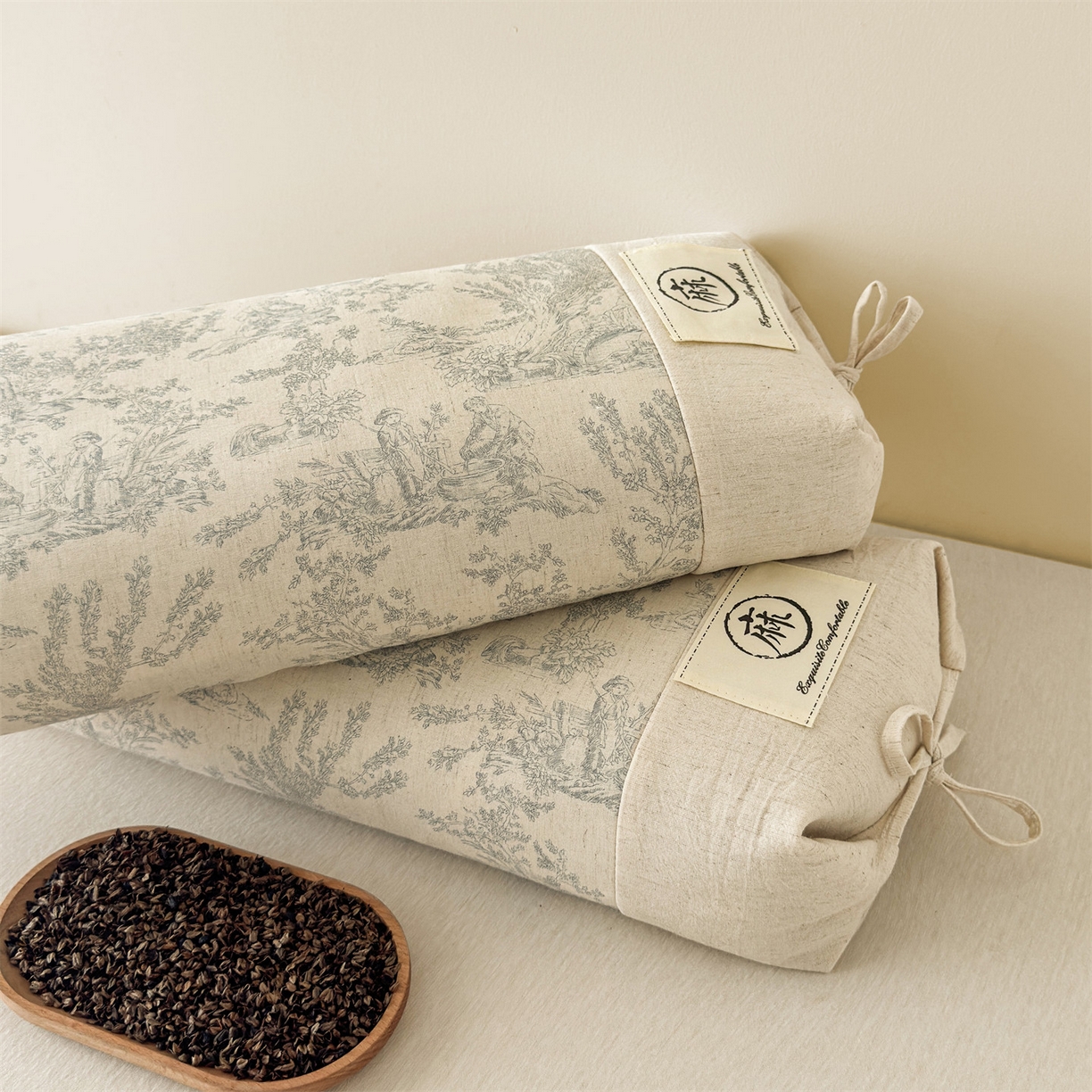 91家纺网 家纺一手货源 找家纺 麦肯锡 2025新款棉麻古朴荞麦两用枕  枕头枕芯 田园蓝/对