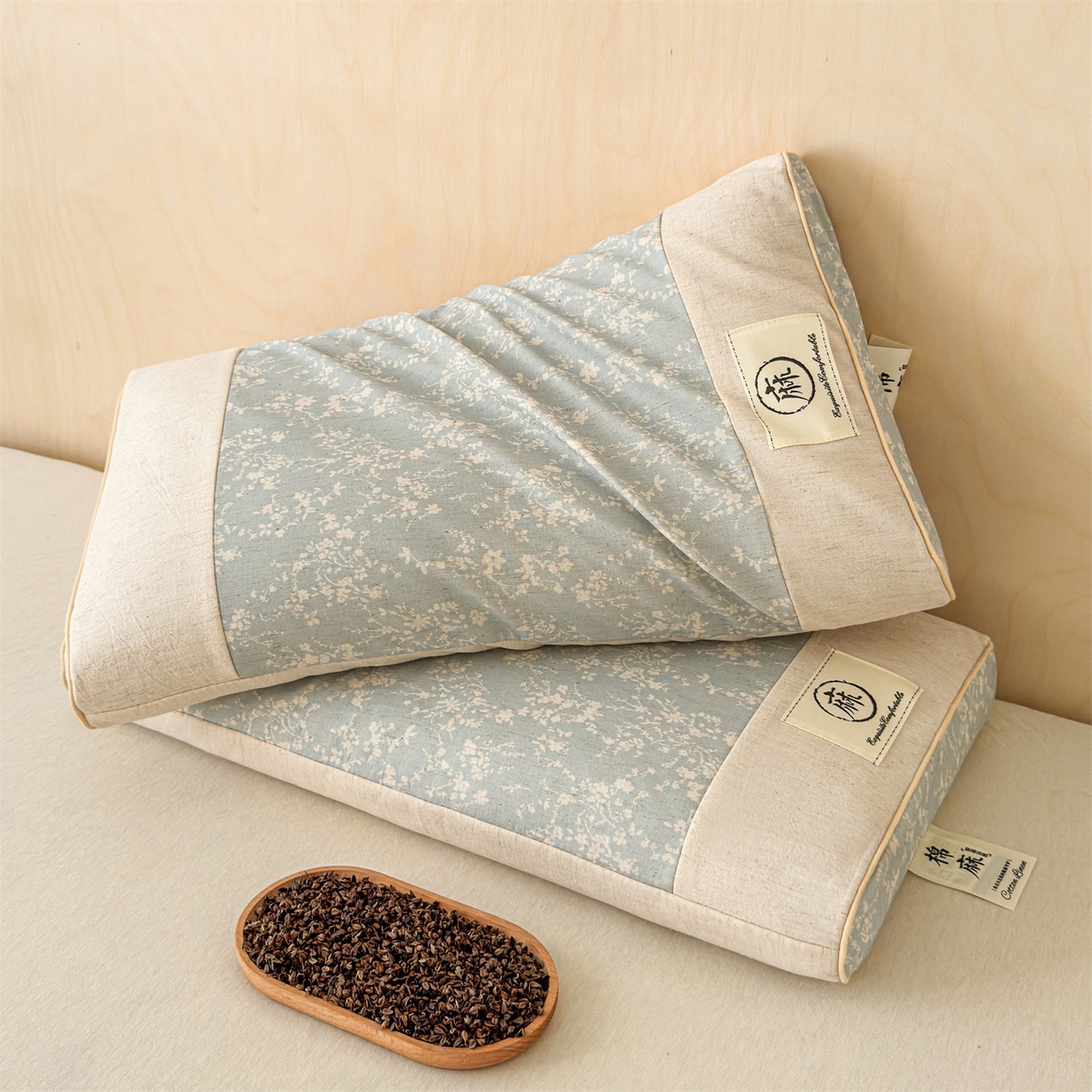 91家纺网 家纺一手货源 找家纺 麦肯锡 2025新款棉麻古朴荞麦助眠枕  枕头枕芯 花卉蓝/只