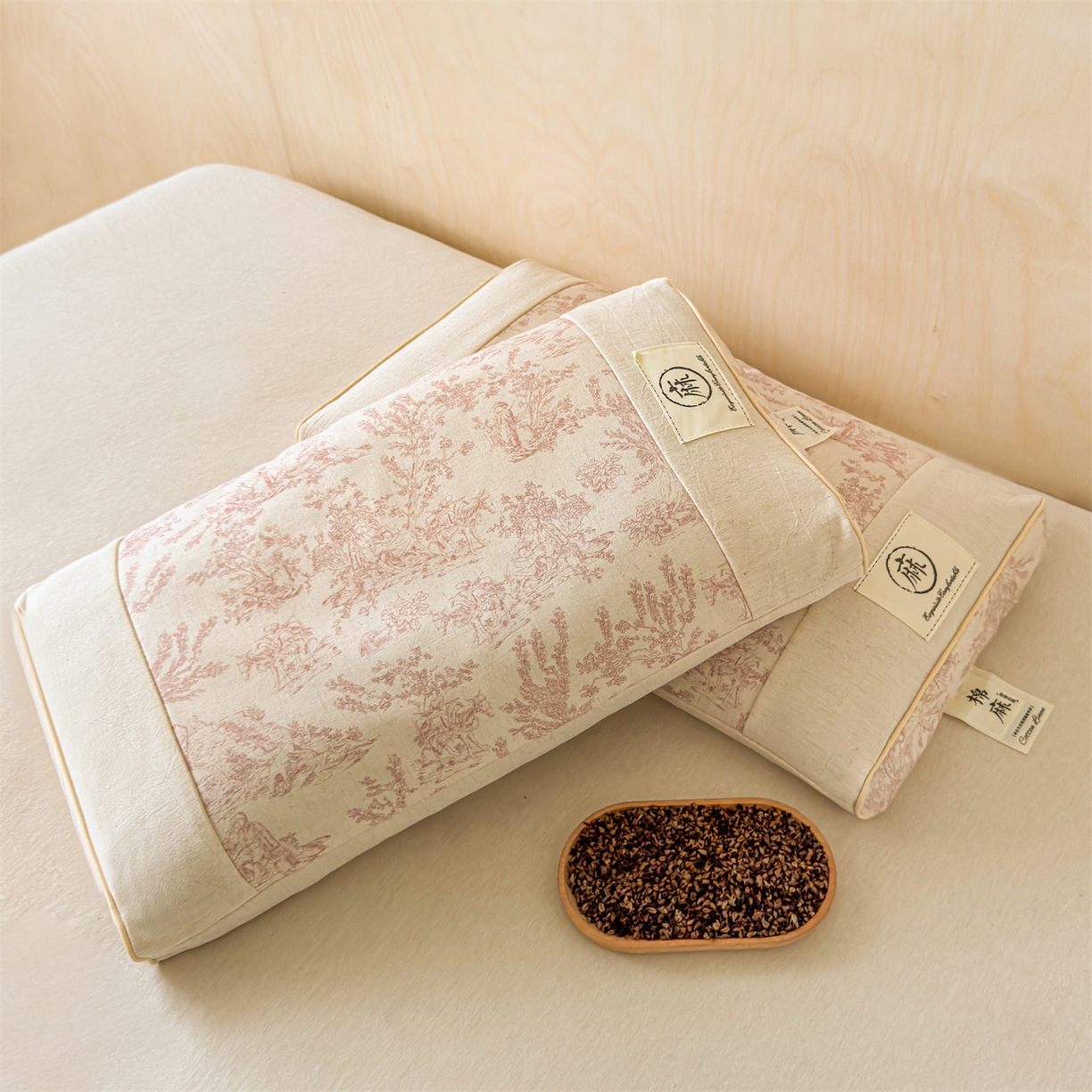 91家纺网 家纺一手货源 找家纺 麦肯锡 2025新款棉麻古朴荞麦助眠枕  枕头枕芯 田园粉/只