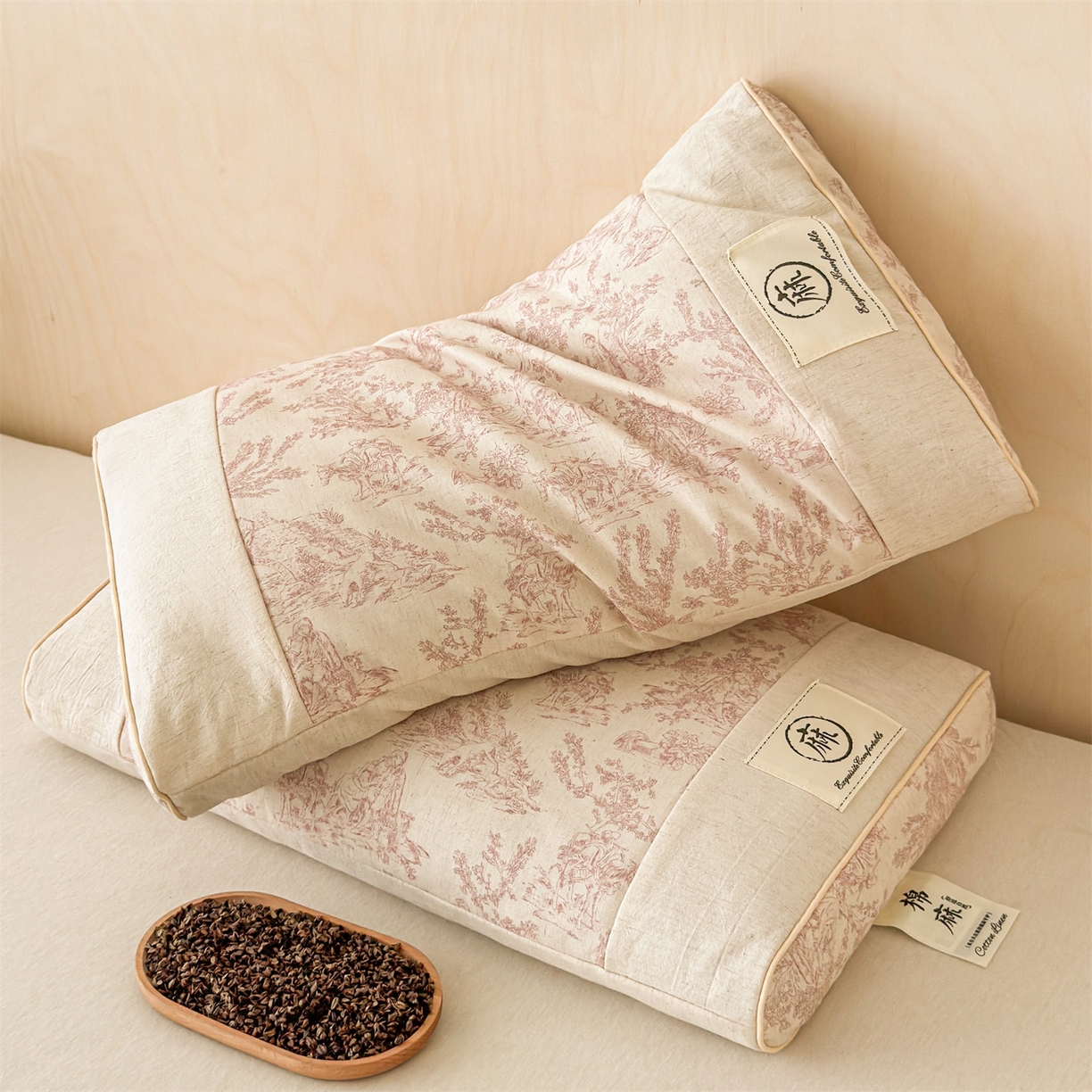 91家纺网 家纺一手货源 找家纺 麦肯锡 2025新款棉麻古朴荞麦助眠枕  枕头枕芯 田园粉/只