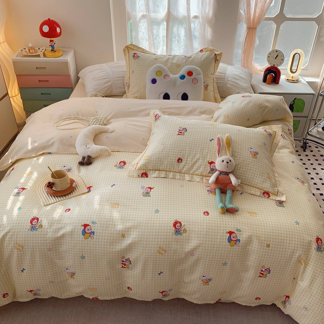 91家纺网 家纺一手货源 找家纺 莱豫家纺 2025新款小清新全棉纯棉四件套 星星人黄