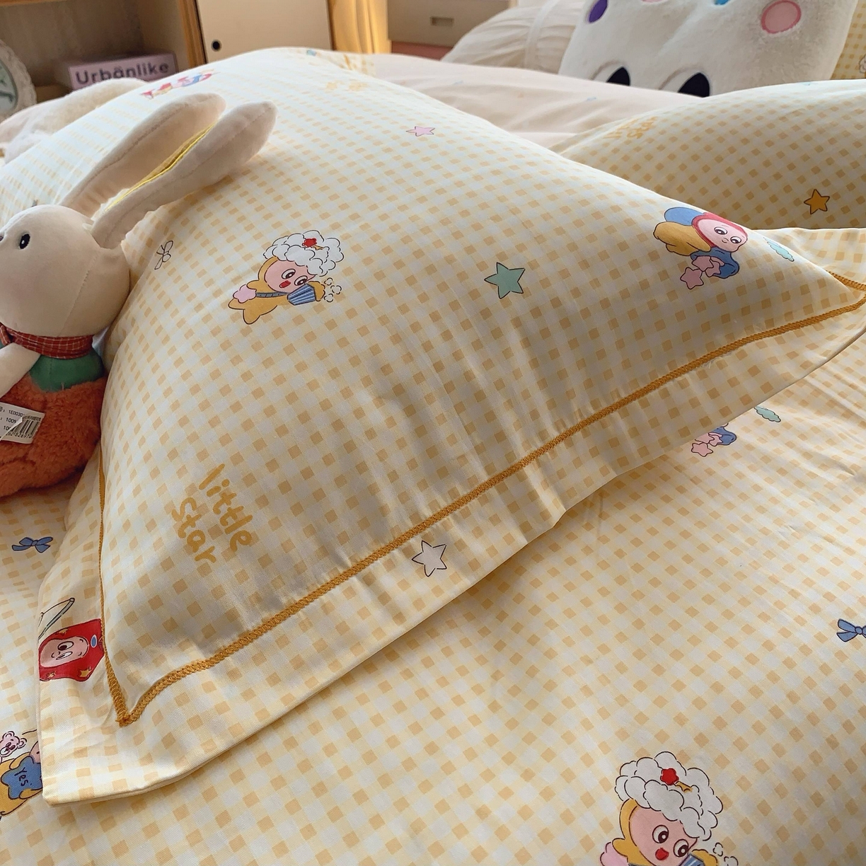 91家纺网 家纺一手货源 找家纺 莱豫家纺 2025新款小清新全棉纯棉四件套 星星人黄