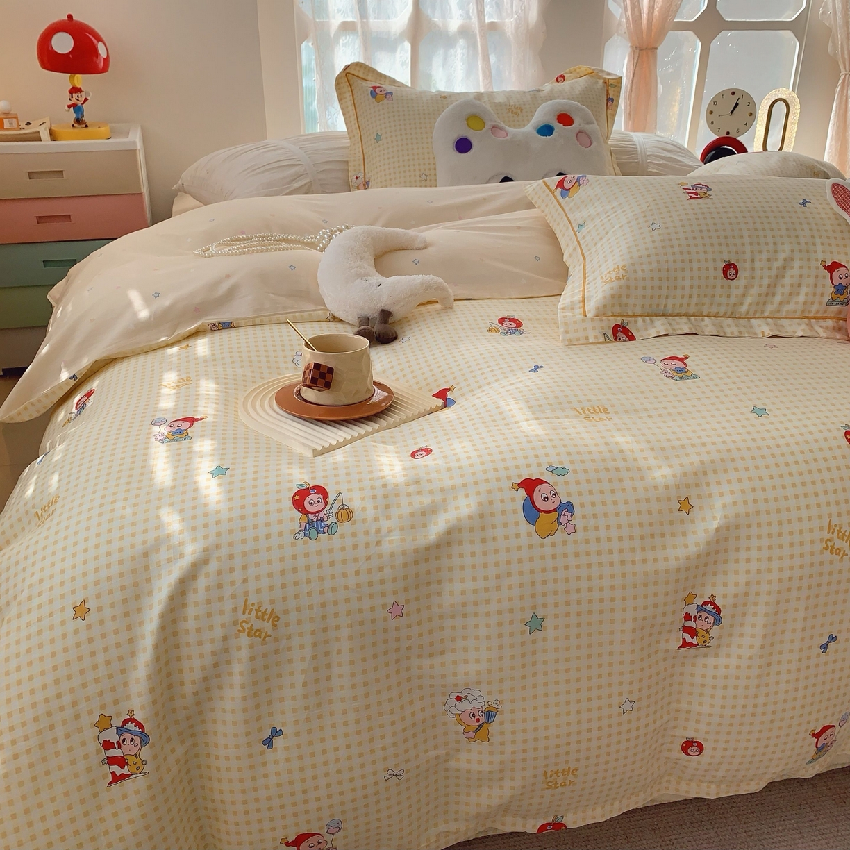 91家纺网 家纺一手货源 找家纺 莱豫家纺 2025新款小清新全棉纯棉四件套 星星人黄