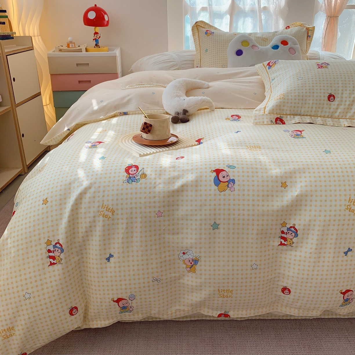 91家纺网 家纺一手货源 找家纺 莱豫家纺 2025新款小清新全棉纯棉四件套 星星人黄