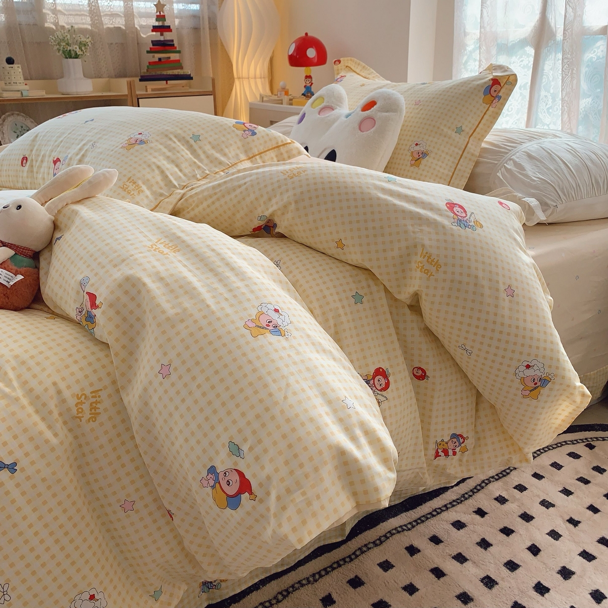 91家纺网 家纺一手货源 找家纺 莱豫家纺 2025新款小清新全棉纯棉四件套 星星人黄