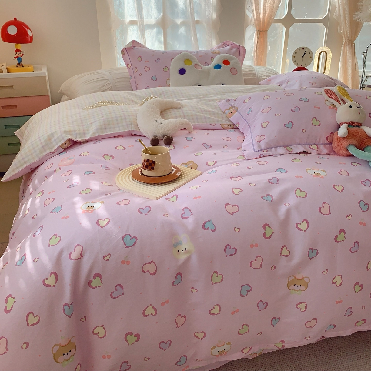 91家纺网 家纺一手货源 找家纺 莱豫家纺 2025新款小清新全棉纯棉四件套 爱心豹纹