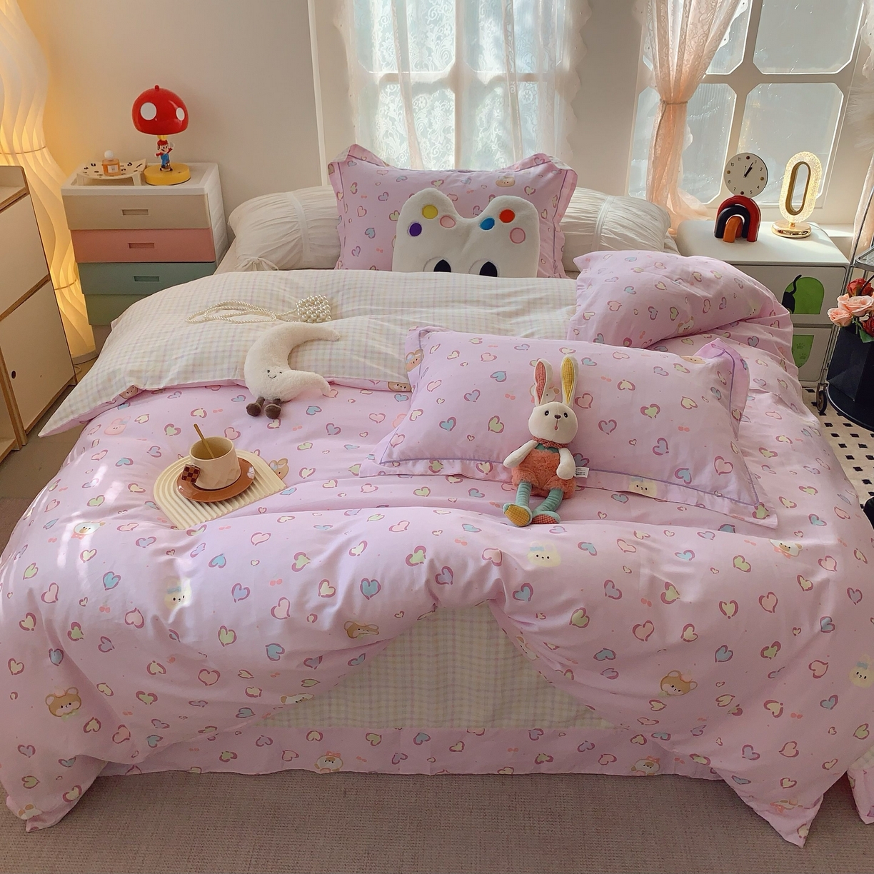 91家纺网 家纺一手货源 找家纺 莱豫家纺 2025新款小清新全棉纯棉四件套 爱心豹纹