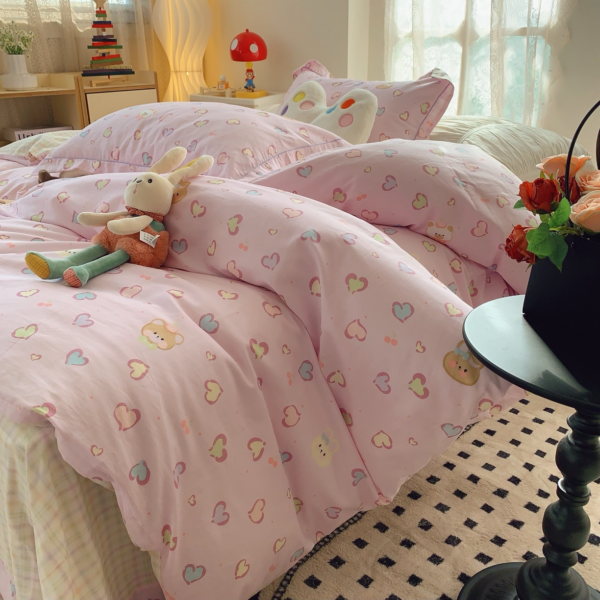 91家纺网 家纺一手货源 找家纺 莱豫家纺 2025新款小清新全棉纯棉四件套 爱心豹纹