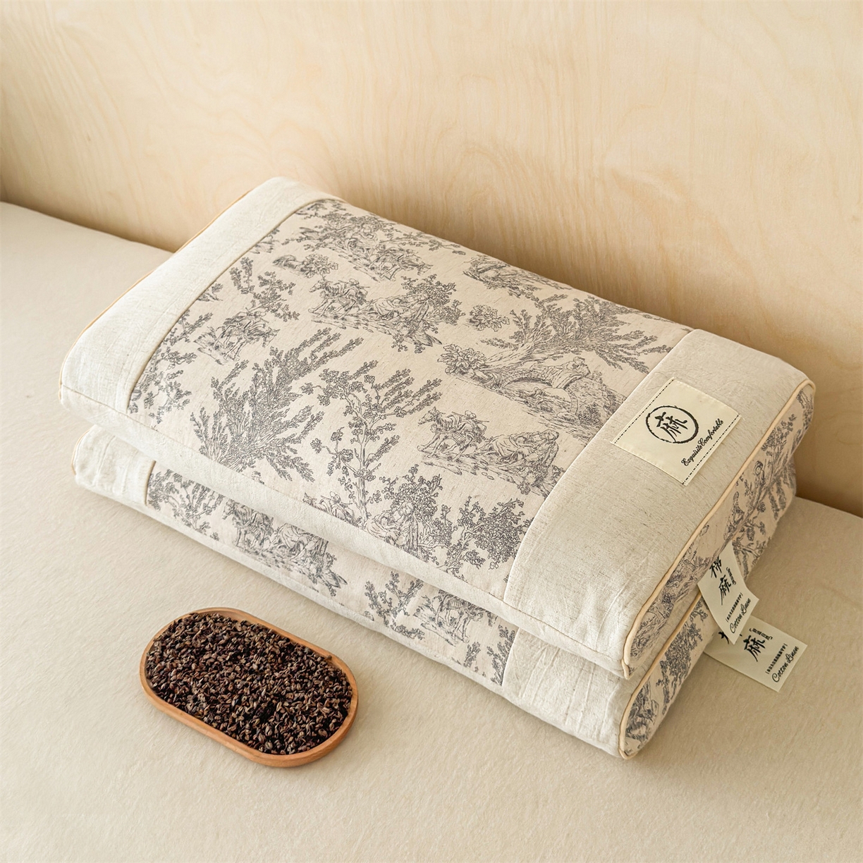 91家纺网 家纺一手货源 找家纺 麦肯锡 2025新款棉麻古朴荞麦助眠枕  枕头枕芯 田园灰/只