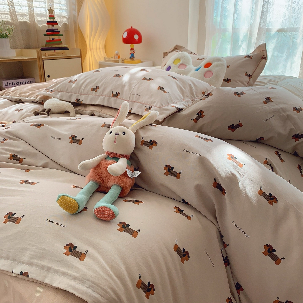 91家纺网 家纺一手货源 找家纺 莱豫家纺 2025新款小清新全棉纯棉四件套 可爱狗狗咖