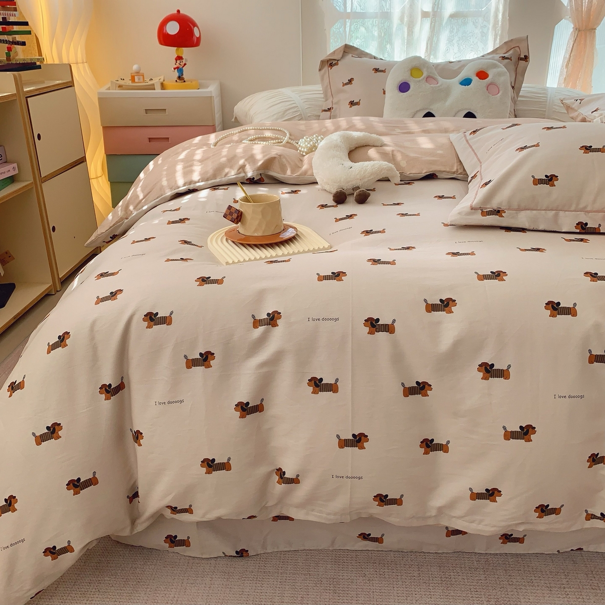 91家纺网 家纺一手货源 找家纺 莱豫家纺 2025新款小清新全棉纯棉四件套 可爱狗狗咖