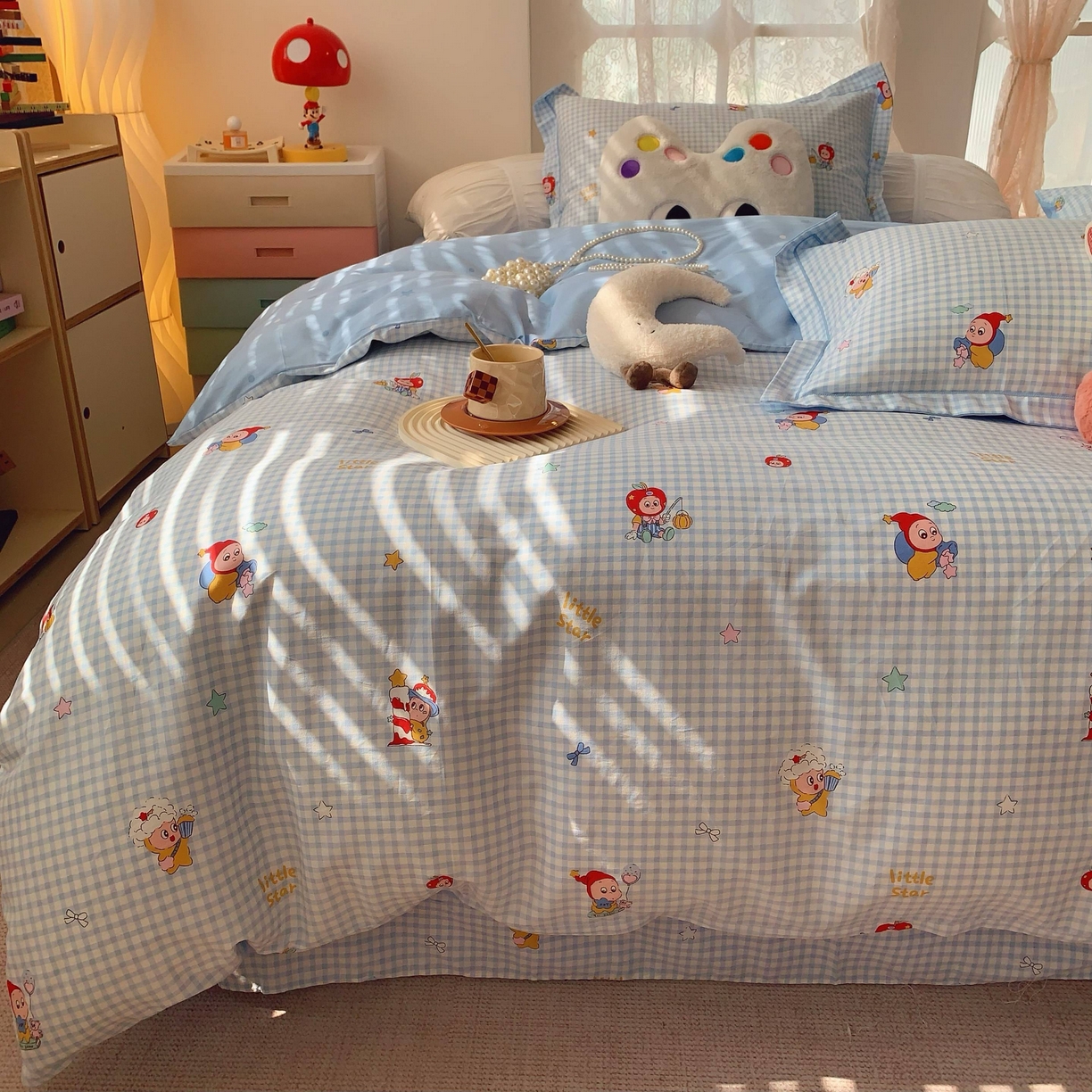 91家纺网 家纺一手货源 找家纺 莱豫家纺 2025新款小清新全棉纯棉四件套 星星人蓝