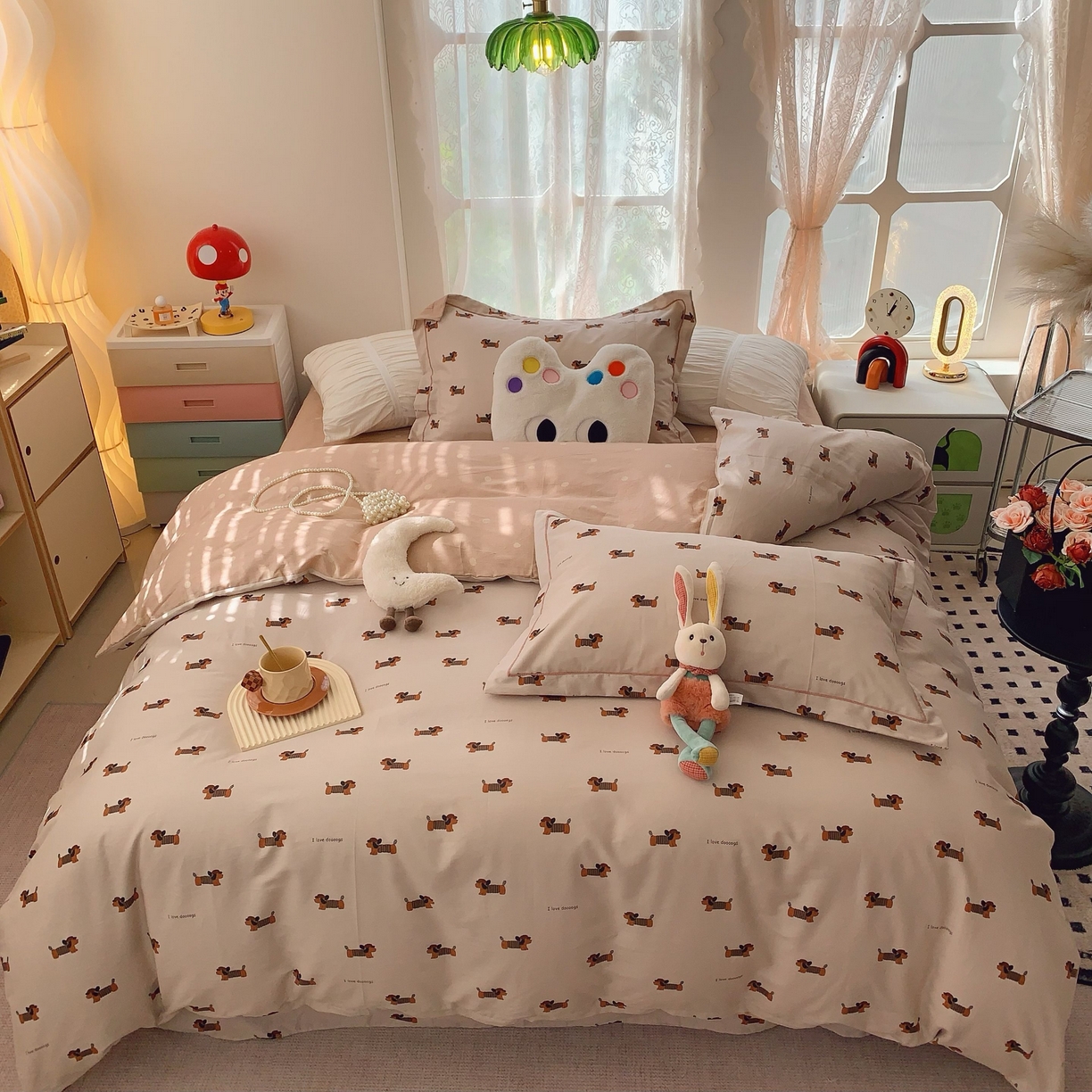 91家纺网 家纺一手货源 找家纺 莱豫家纺 2025新款小清新全棉纯棉四件套 可爱狗狗咖