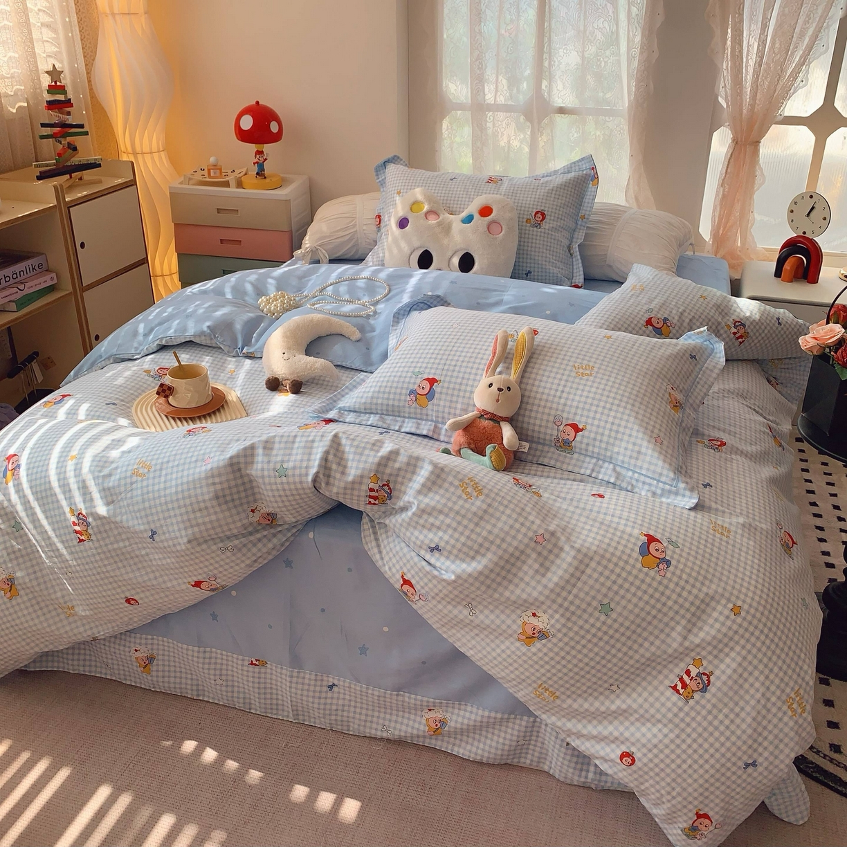 91家纺网 家纺一手货源 找家纺 莱豫家纺 2025新款小清新全棉纯棉四件套 星星人蓝