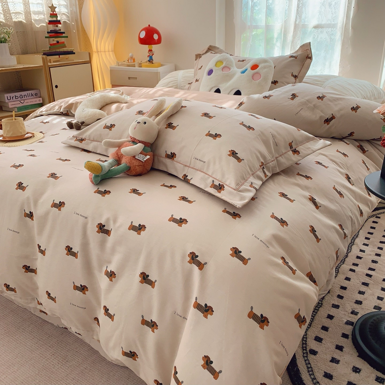 91家纺网 家纺一手货源 找家纺 莱豫家纺 2025新款小清新全棉纯棉四件套 可爱狗狗咖