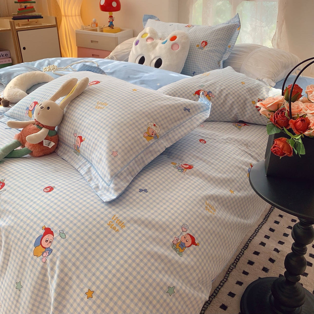 91家纺网 家纺一手货源 找家纺 莱豫家纺 2025新款小清新全棉纯棉四件套 星星人蓝