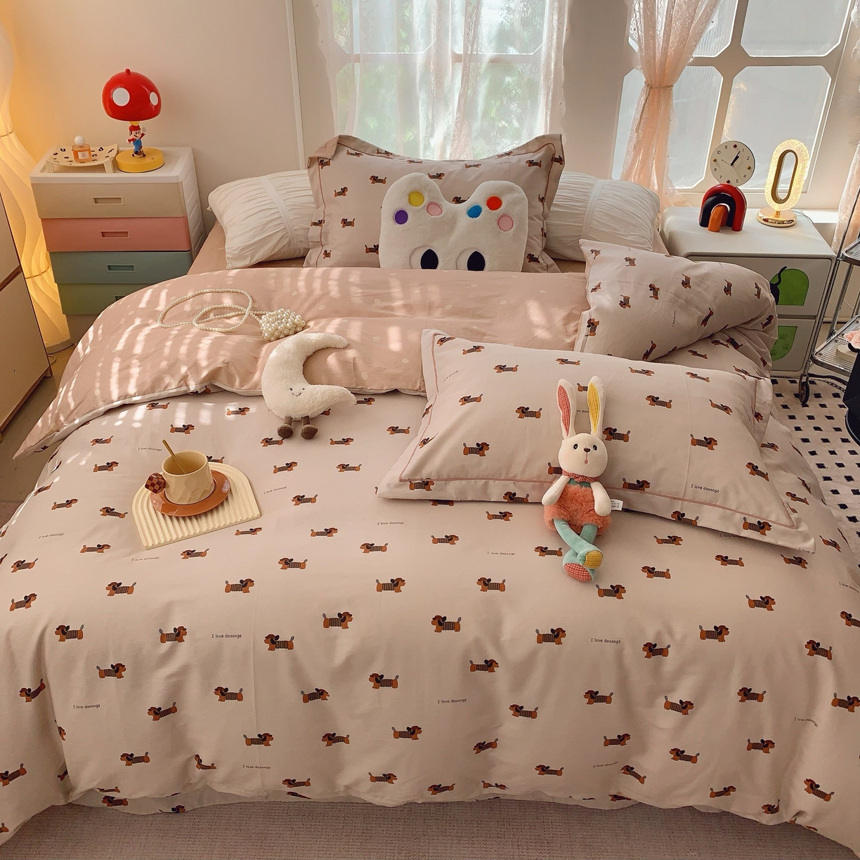 91家纺网 家纺一手货源 找家纺 莱豫家纺 2025新款小清新全棉纯棉四件套 可爱狗狗咖